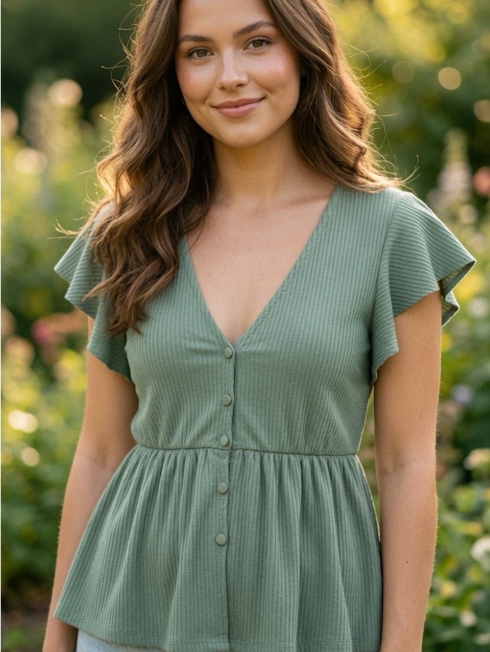 Altar'd State Sage Green Ribbed V-Neck Peplum Button Top
